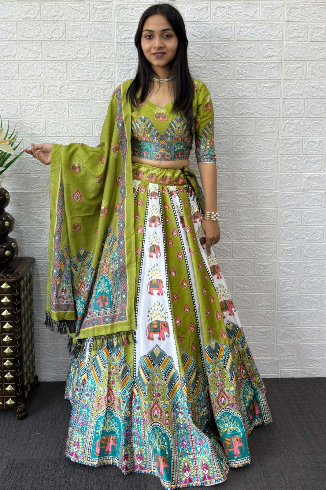 Crazycloths 23234 Dal Satin with Digital Print & Real Mirror Work Navratri Lehenga Choli