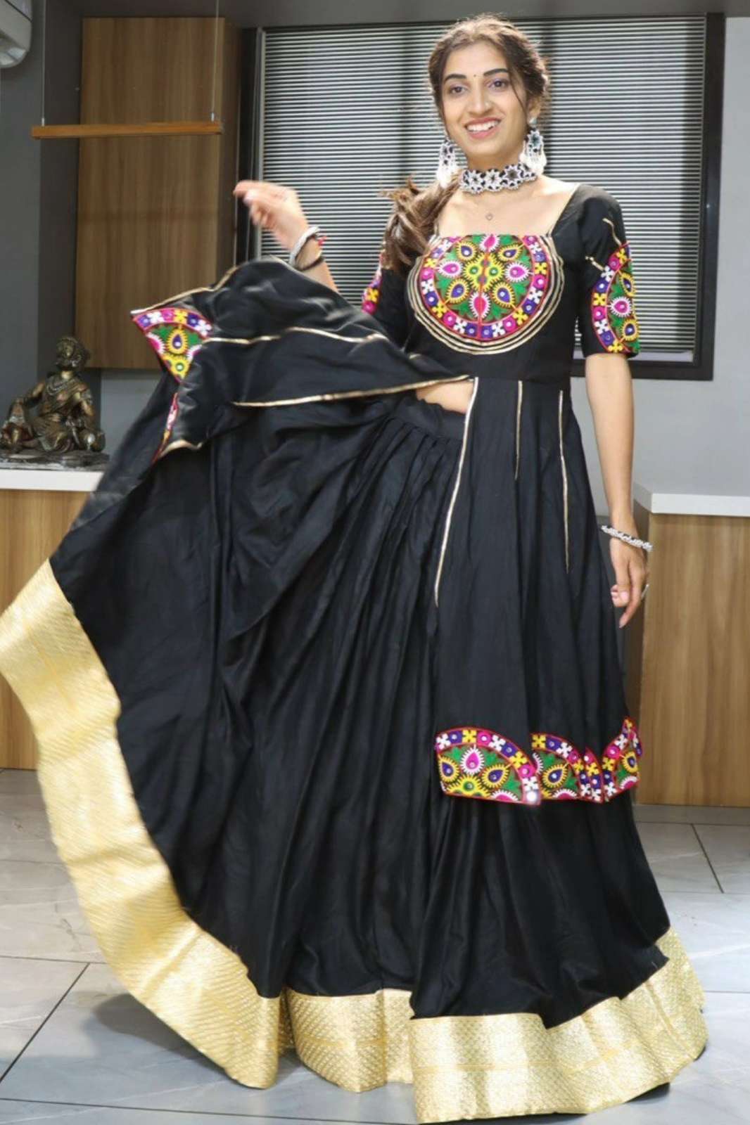 Crazycloths GRTN8030 Pure Rayon Cotton Golden Zari Weaving Work Black Navratri Lehenga Choli