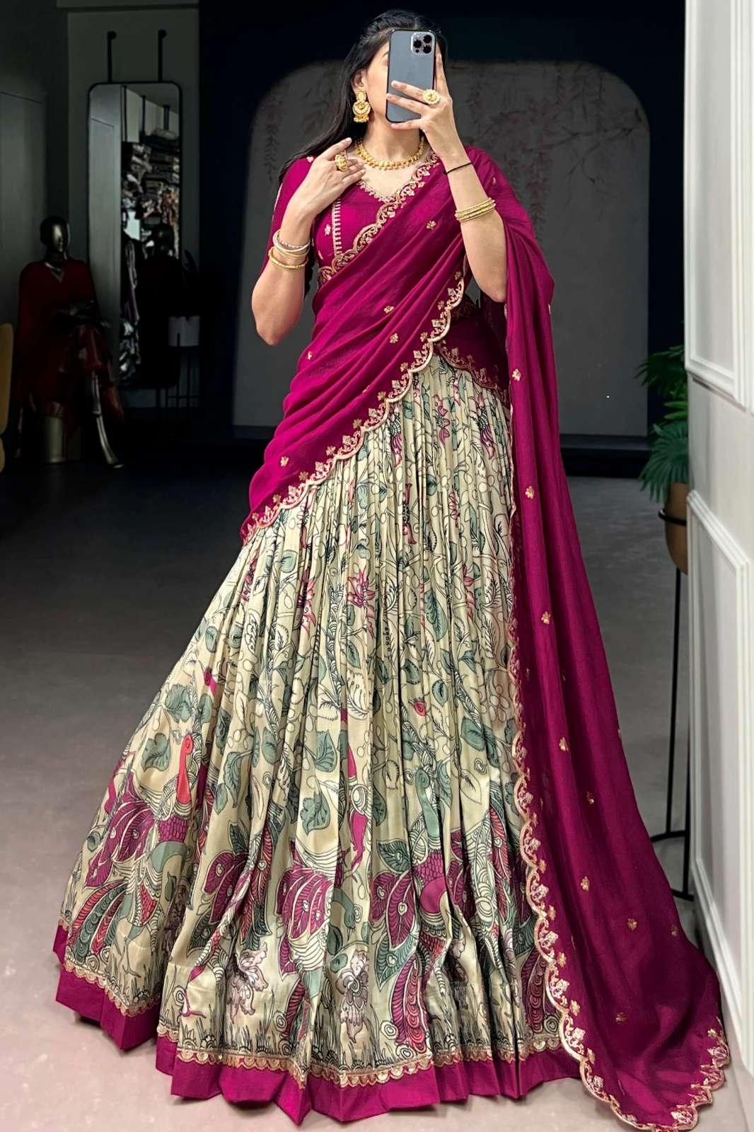 Crazycloths LNB1207BLK 23065 Tasar Silk kalamkariprint with lace border Navratri Lehenga Choli