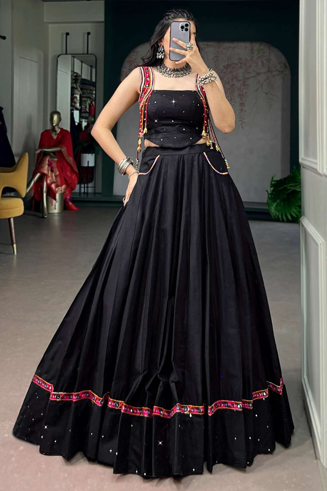 Crazycloths NNK1763BLK Pure Cotton Mirror Work Black Navratri Lehenga Choli