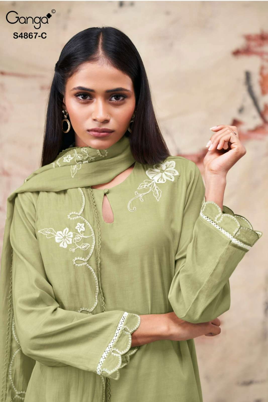 GANGA CHARIKA PREMIUM PURE BEMBERG MUL EMBROIDERY & HANDWORK SUIT