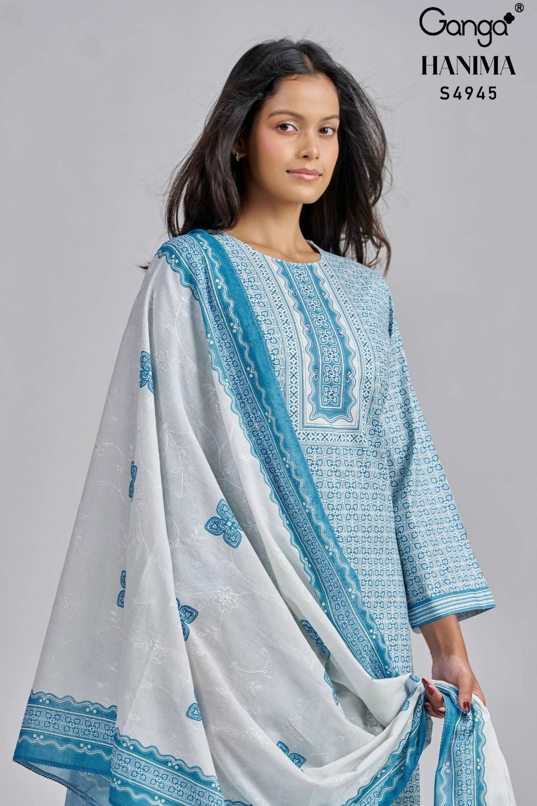 GANGA HANIMA S4945 PREMIUM COTTON PRINTED & SCHIFFLI EMBROIDERY WORK SUIT