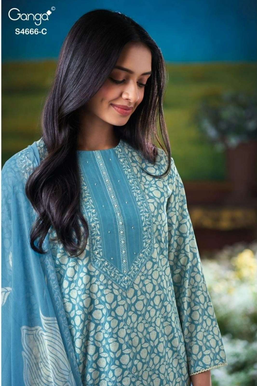 GANGA Presents HIYANIKA 4666 PREMIUM COTTON PRINTED SUIT WITH CROCHET LACE WORK