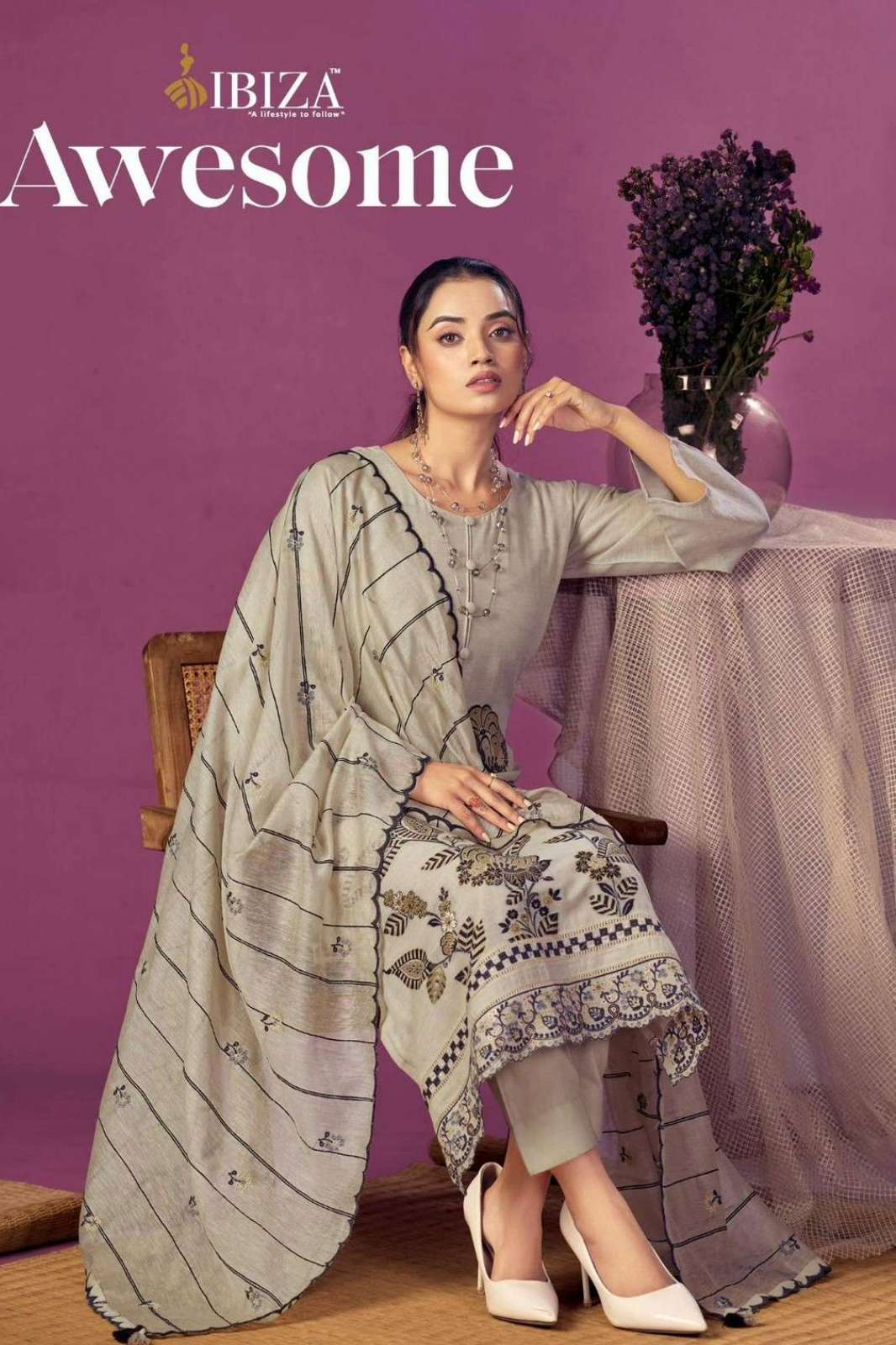 IBIZA AWESOME ORGENIC LILEN JACQUARD WITH HANDWORK & EMBROIDERY WORK SUIT 