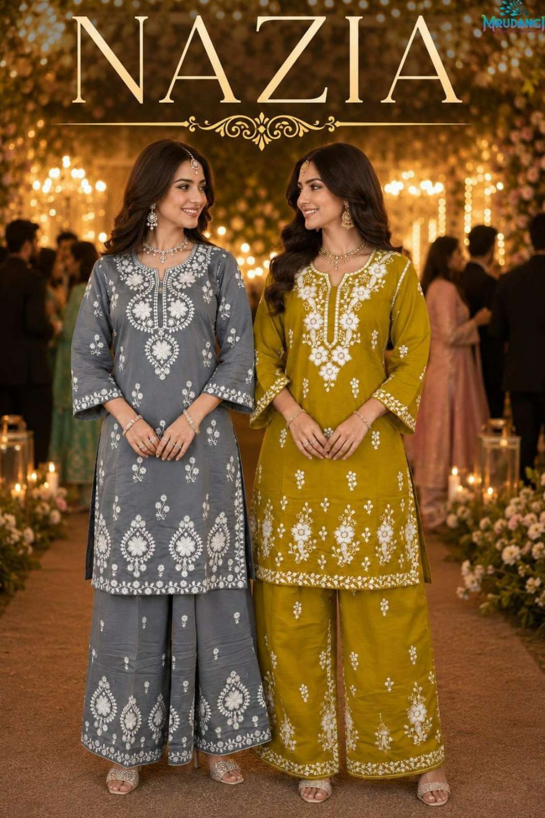 MRUDANGI NAZIA REAL  PREMIUM PV CHANDERI ROMAN SILK CHIKANKARI EMBROIDERED CO ORD SET 