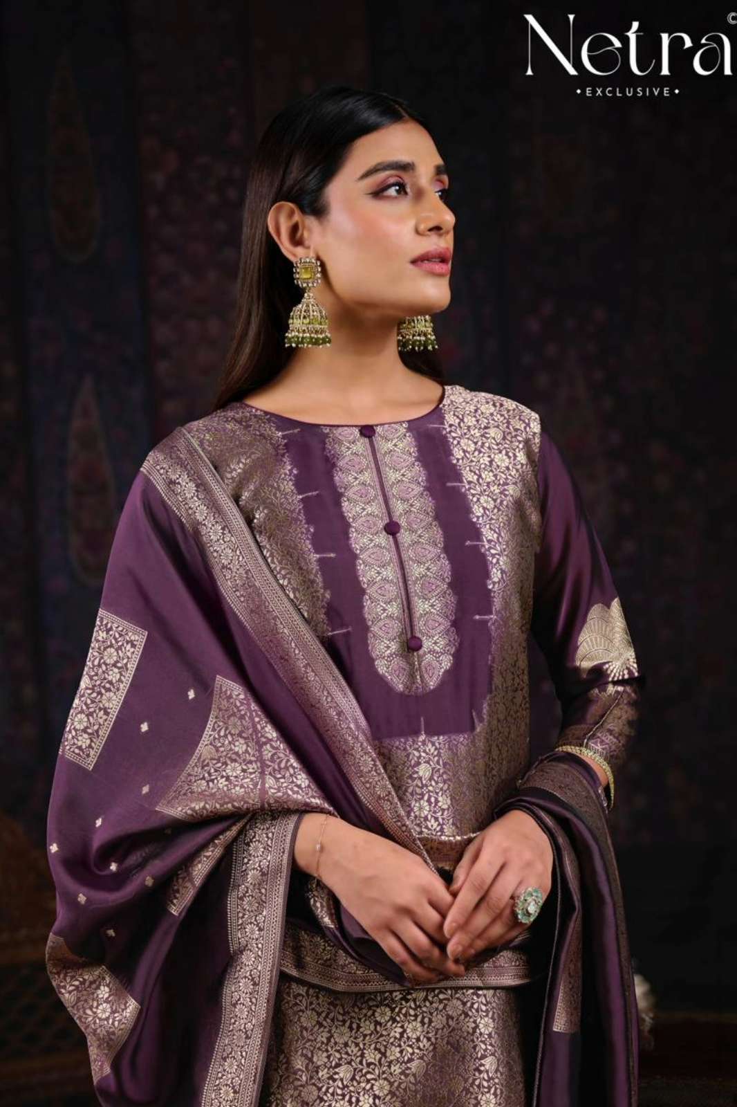 NETRA EXCLUSIVE AADITA PREMIUM PURE VISCOSE WOVEN SILK HAND WORK SUIT 