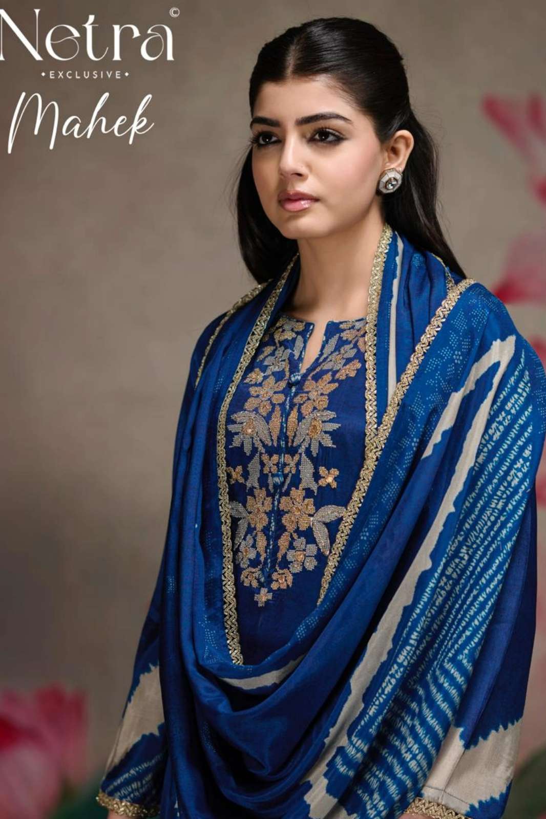 NETRA MAHEK PURE BEMBERG MUSLIN DIGITAL PRINT WITH EMBROIDERED SUIT