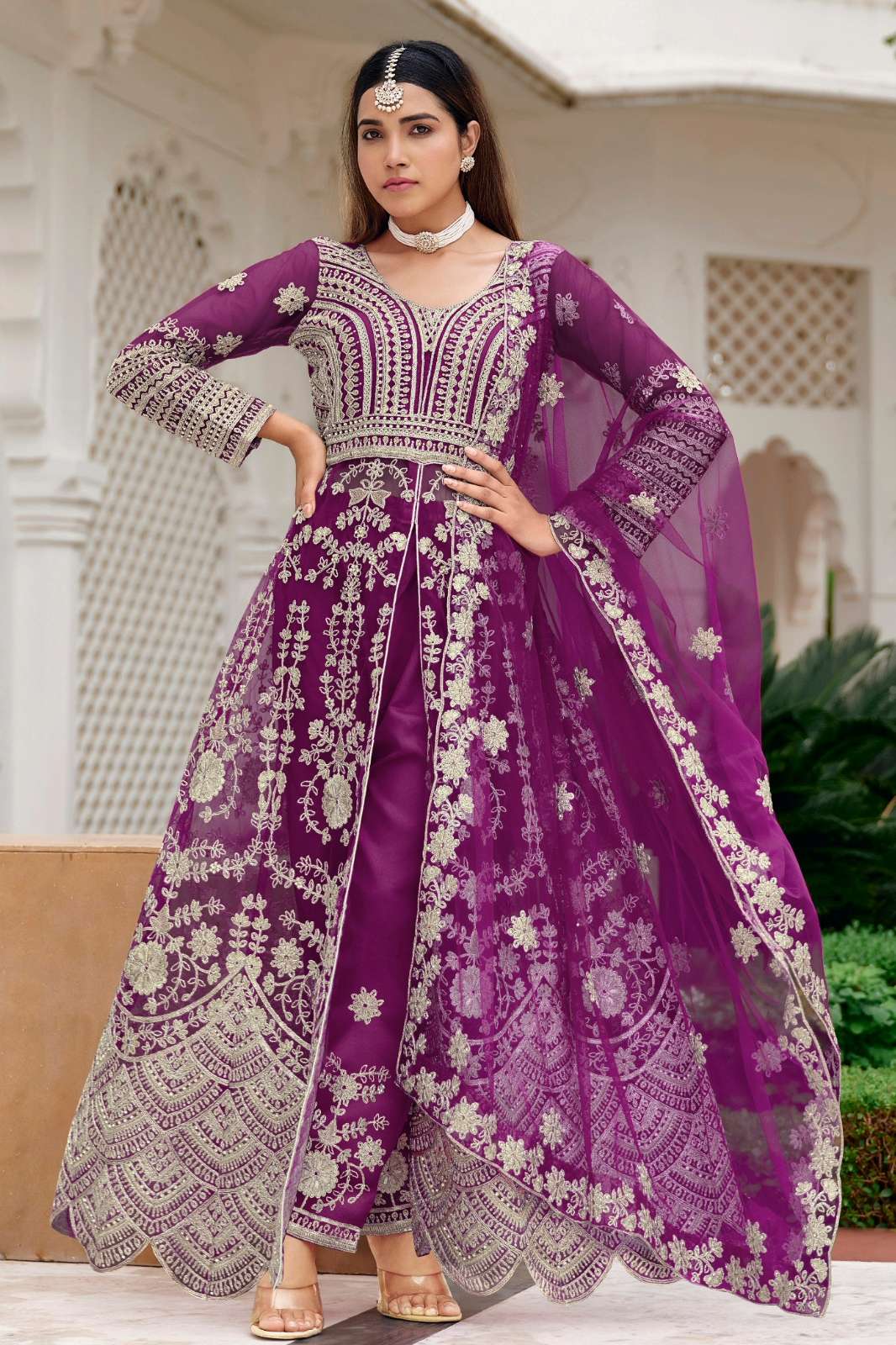 SENHORA MAISHA Pure Butterfly Net Front & Back Embroidery & Stone Work Front Slit Lehenga Choli