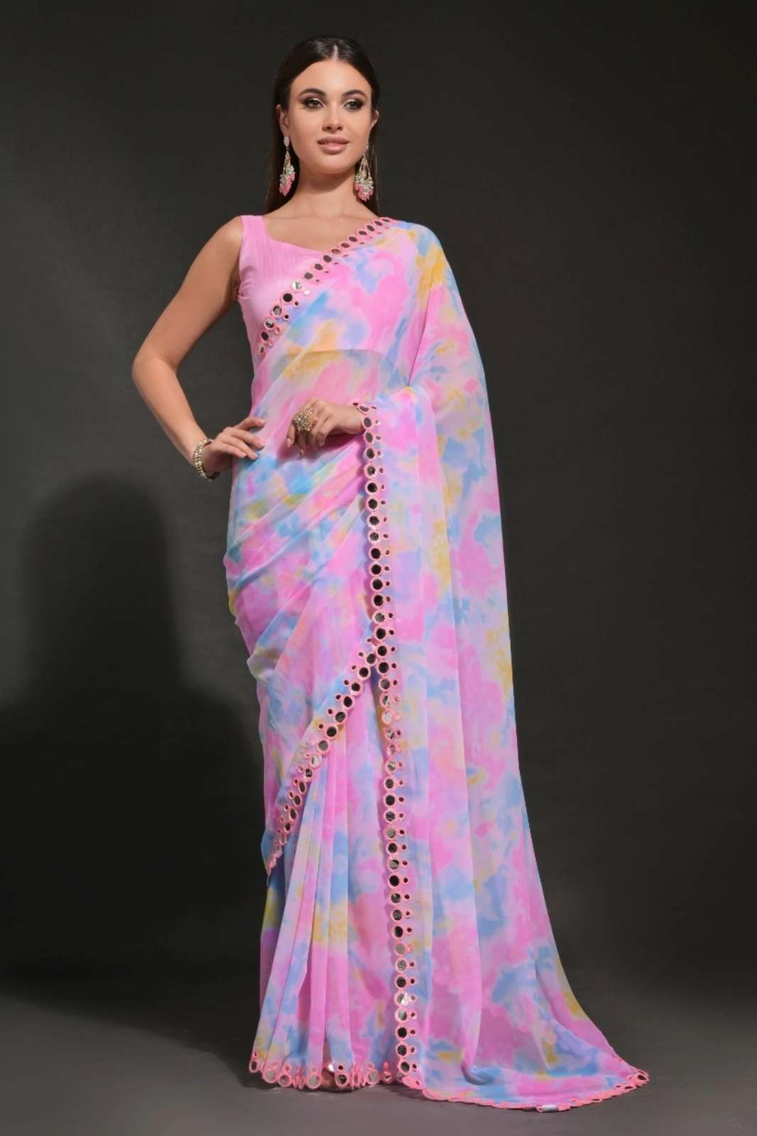 Shri Balaji Emporium 22272 Heavy Georgette Prizam Print with Double Paper Mirror Work Saree