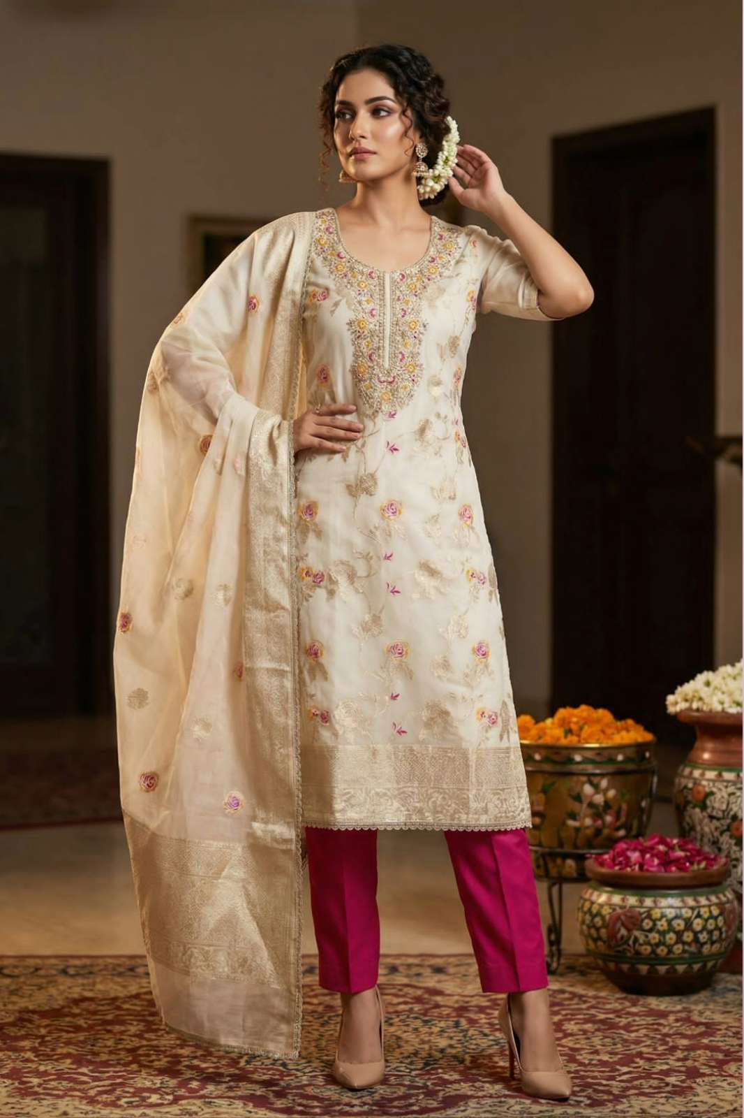Shri Balaji Emporium 22393 READY TO WEAR BANARASI COTTON SILK SUIT WITH HAND WORK 