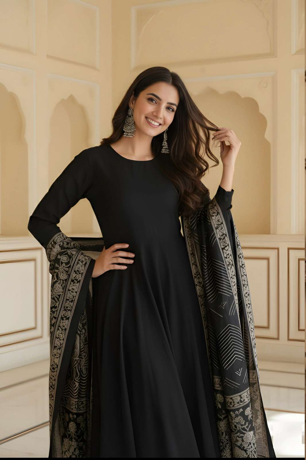 Shri Balaji Emporium 22462 Presents Black Rayon Long sleeve kurta with dupatta Set