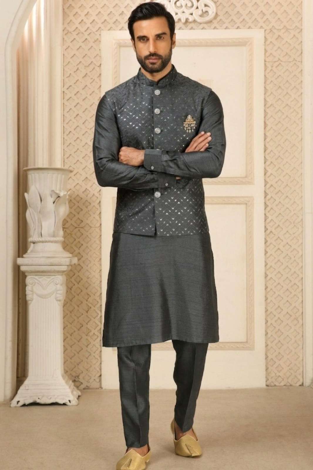 Shri Balaji Emporium 22484 Roman Silk Fabric Heavy embroidery sequence work Mens Kurta set
