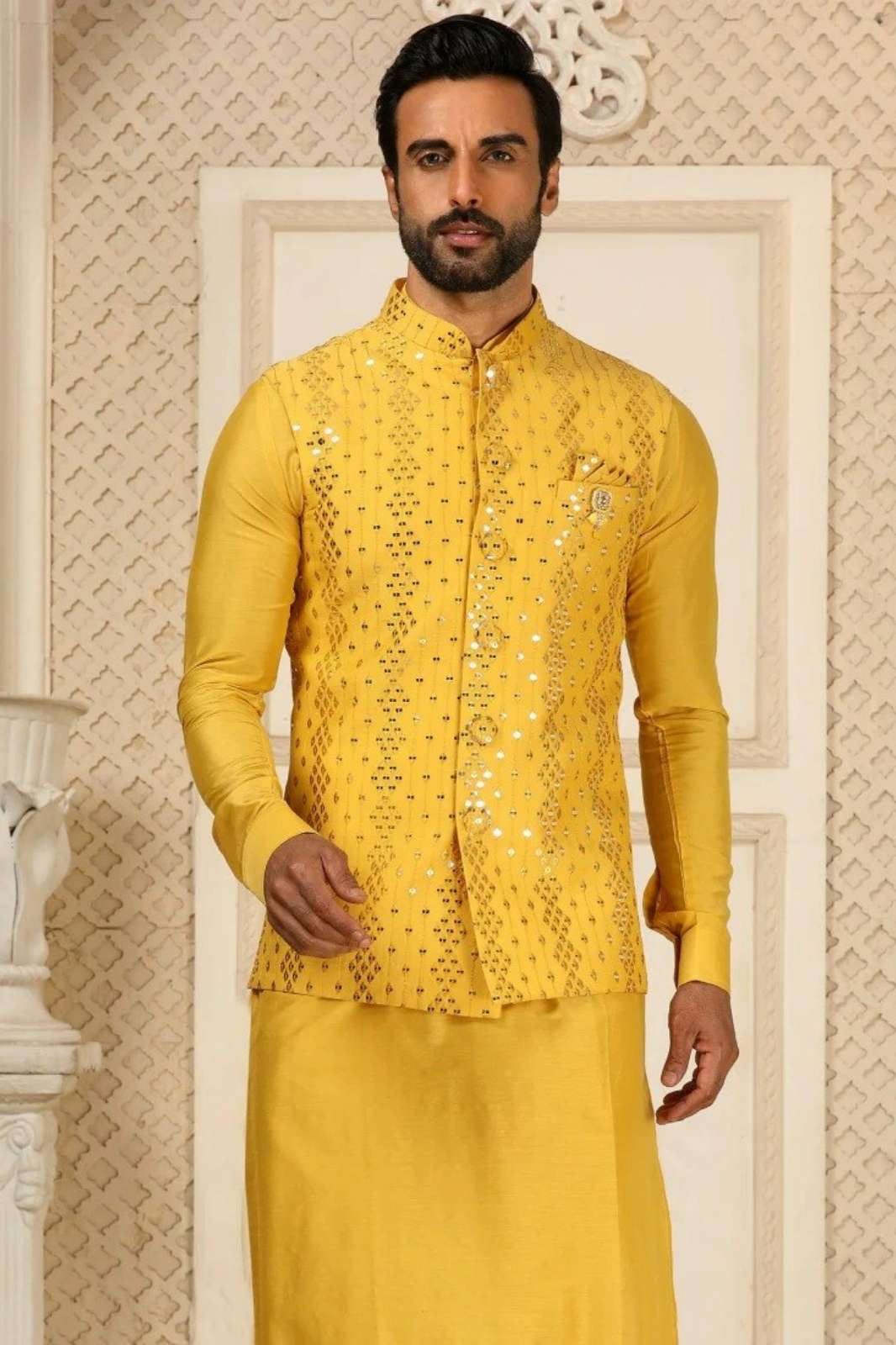 Shri Balaji Emporium 22488 Yellow Roman Silk Fabric Heavy embroidery sequence work Mens Kurta set
