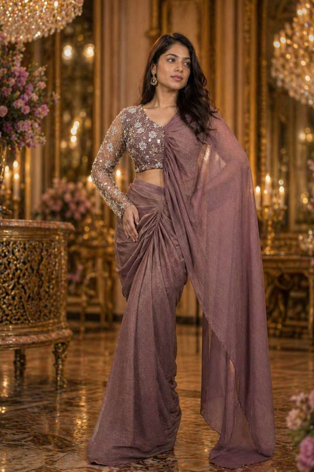 Shri Balaji Emporium A491 IMPORTED CRUSH  SEQUENCE OR BEADS WORK INDO WESTERN SAREE