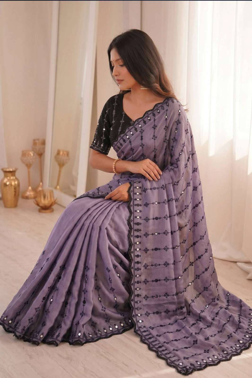 Shri Balaji Emporium BT 1310 Viscos Rangoli Floral Embroidery Saree with Thread and Real Mirror work