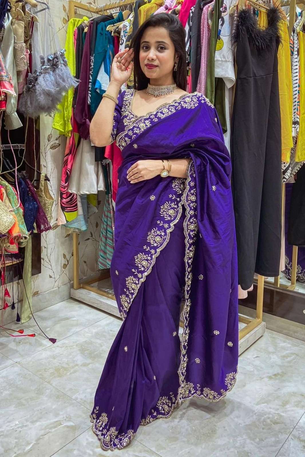 Shri Balaji Emporium BT 398 Pure Two Tone Vichitra Silk Saree with Thread Zari & Sequins Work