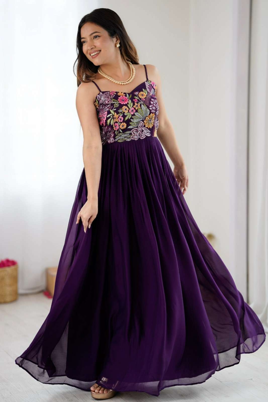 Shri Balaji Emporium CDRS203 Premium Pure Georgette Multicolor Floral Embroidered Gown 