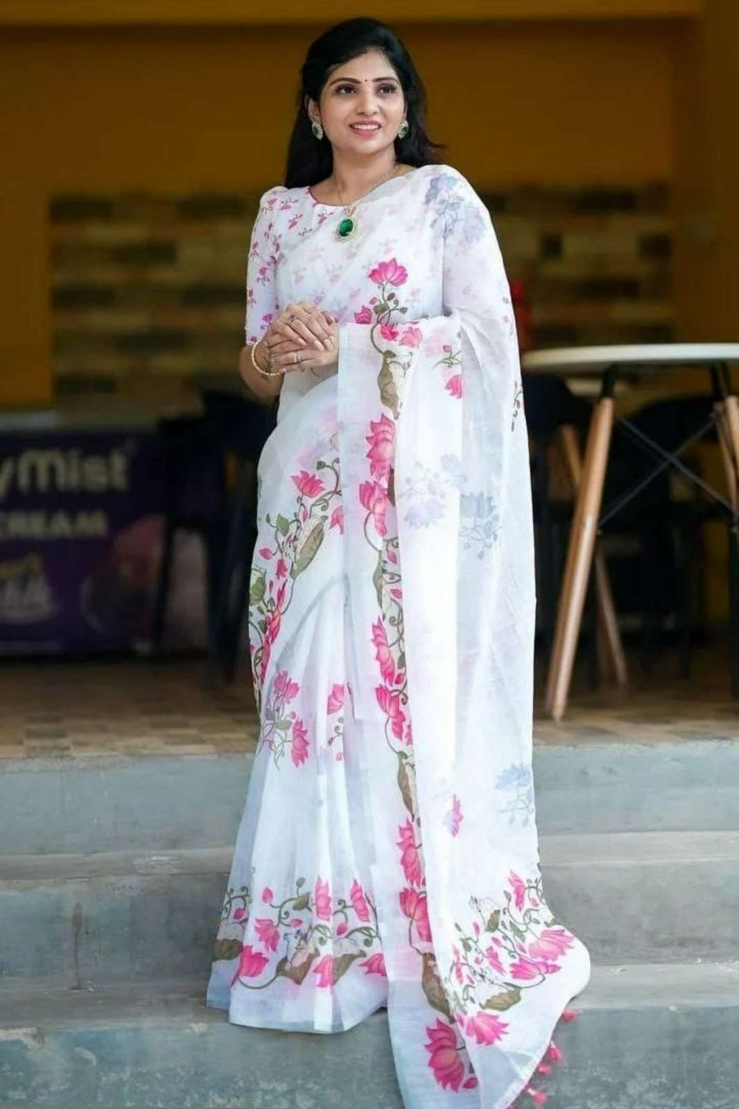 Shri Balaji Emporium MG297 Plain Linen Digital Printed saree collection