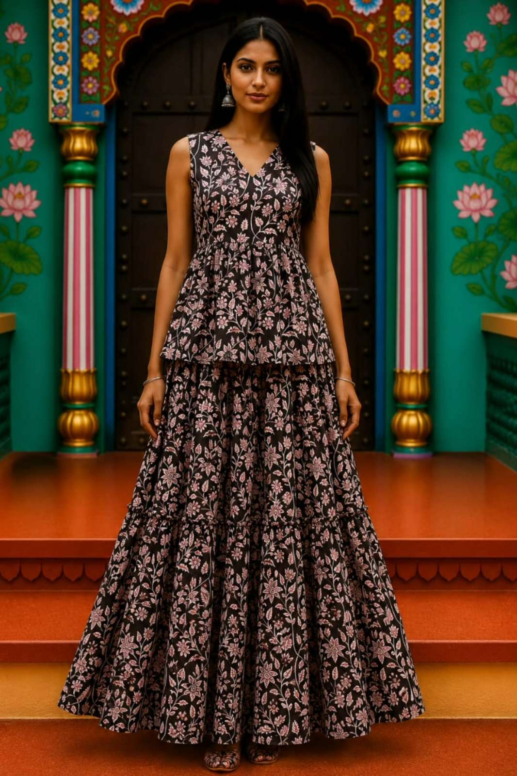 Shri Balaji Emporium RF 23087 Ready to Wear Bagru hand block printed Pepulam Top with skirt