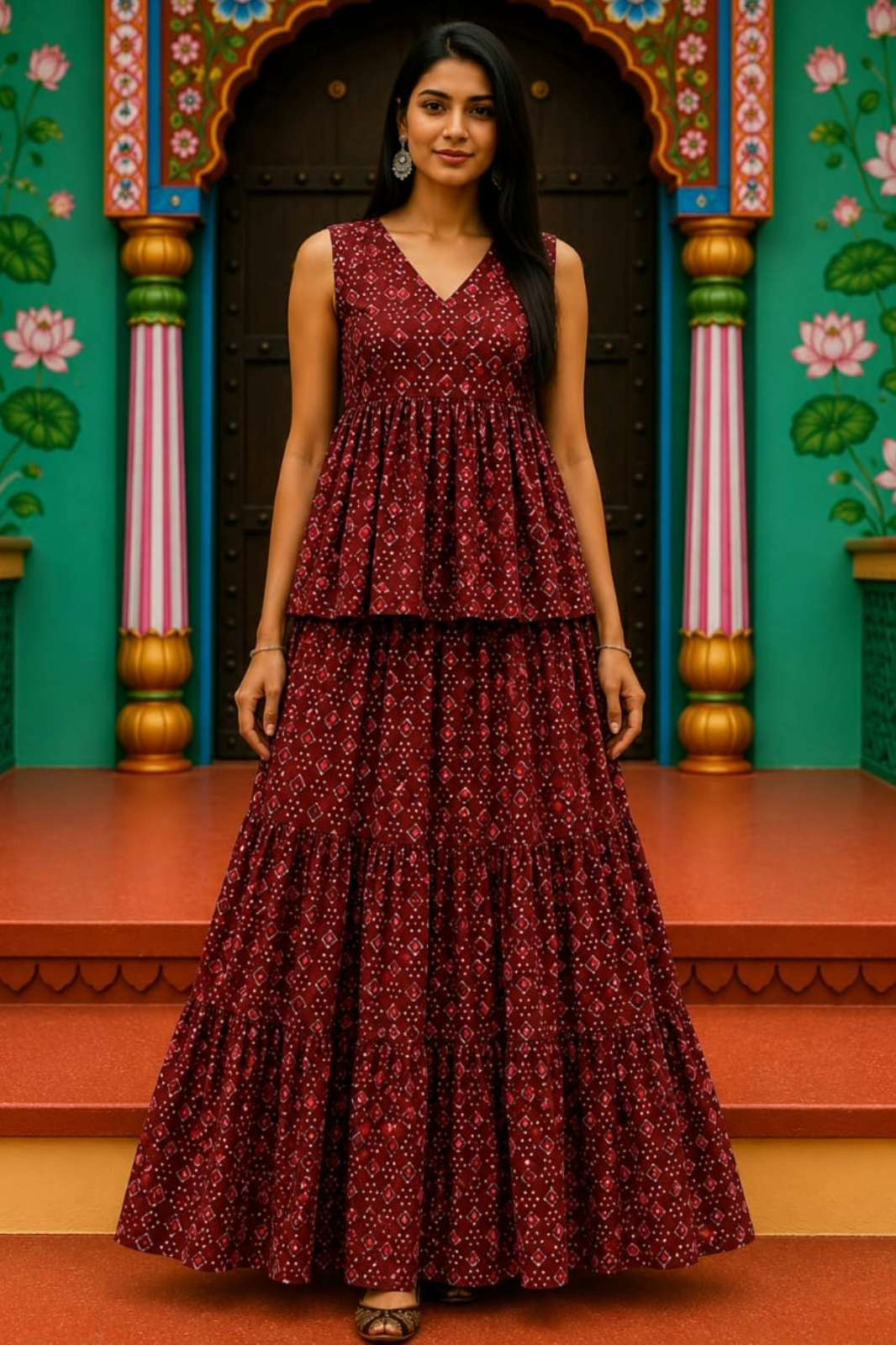 Shri Balaji Emporium RF 23087 Ready to Wear Bagru hand block printed Pepulam Top with skirt