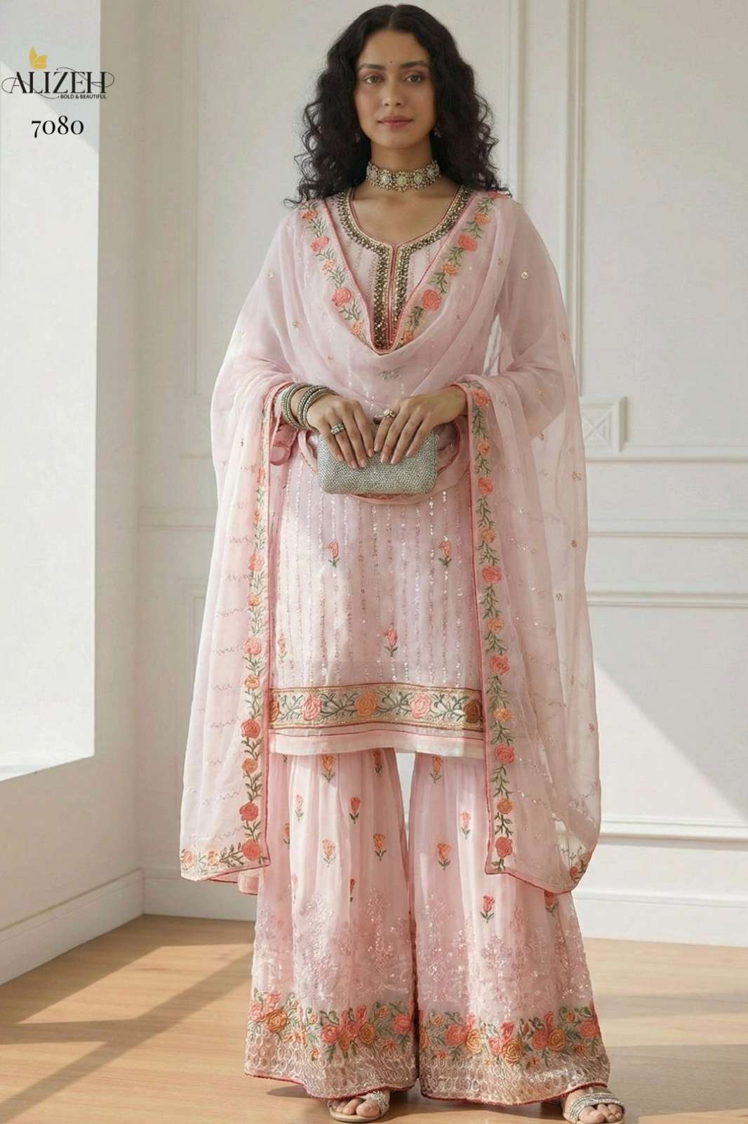 Alizeh 7080 Ready to Wear Beautiful Georgette Embroidery & Khatli Work Suit 