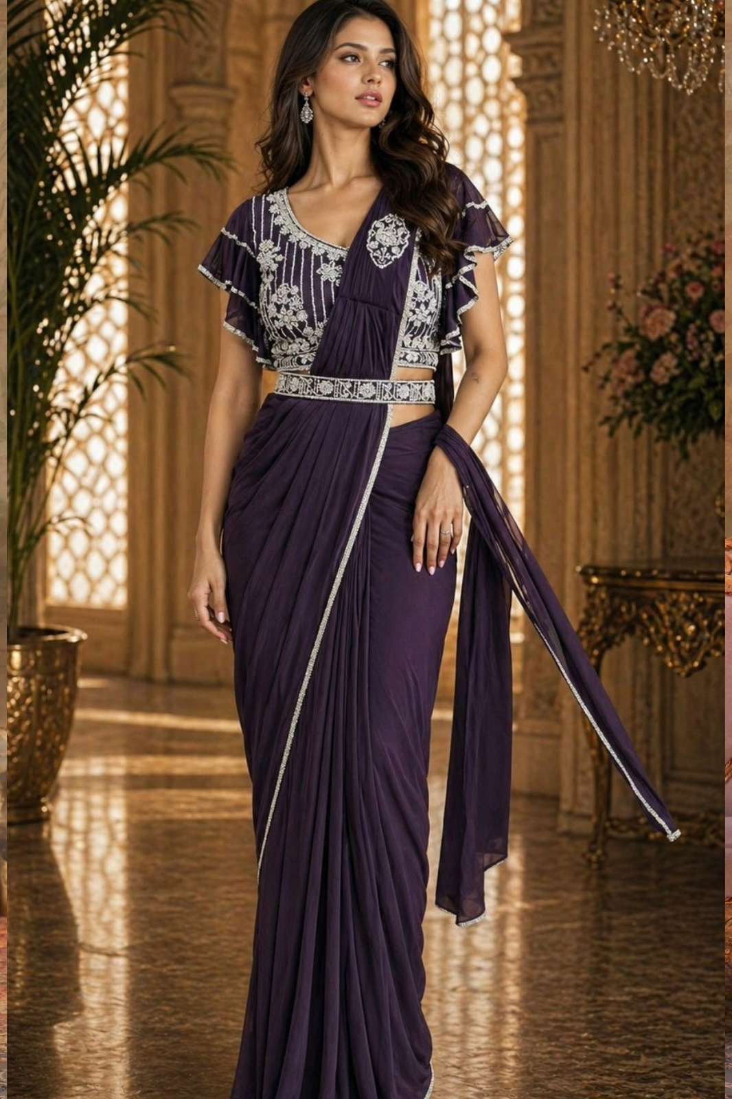 Amoha 102428 Ready To Wear Saree Imported lycra Fabric with Beads Work