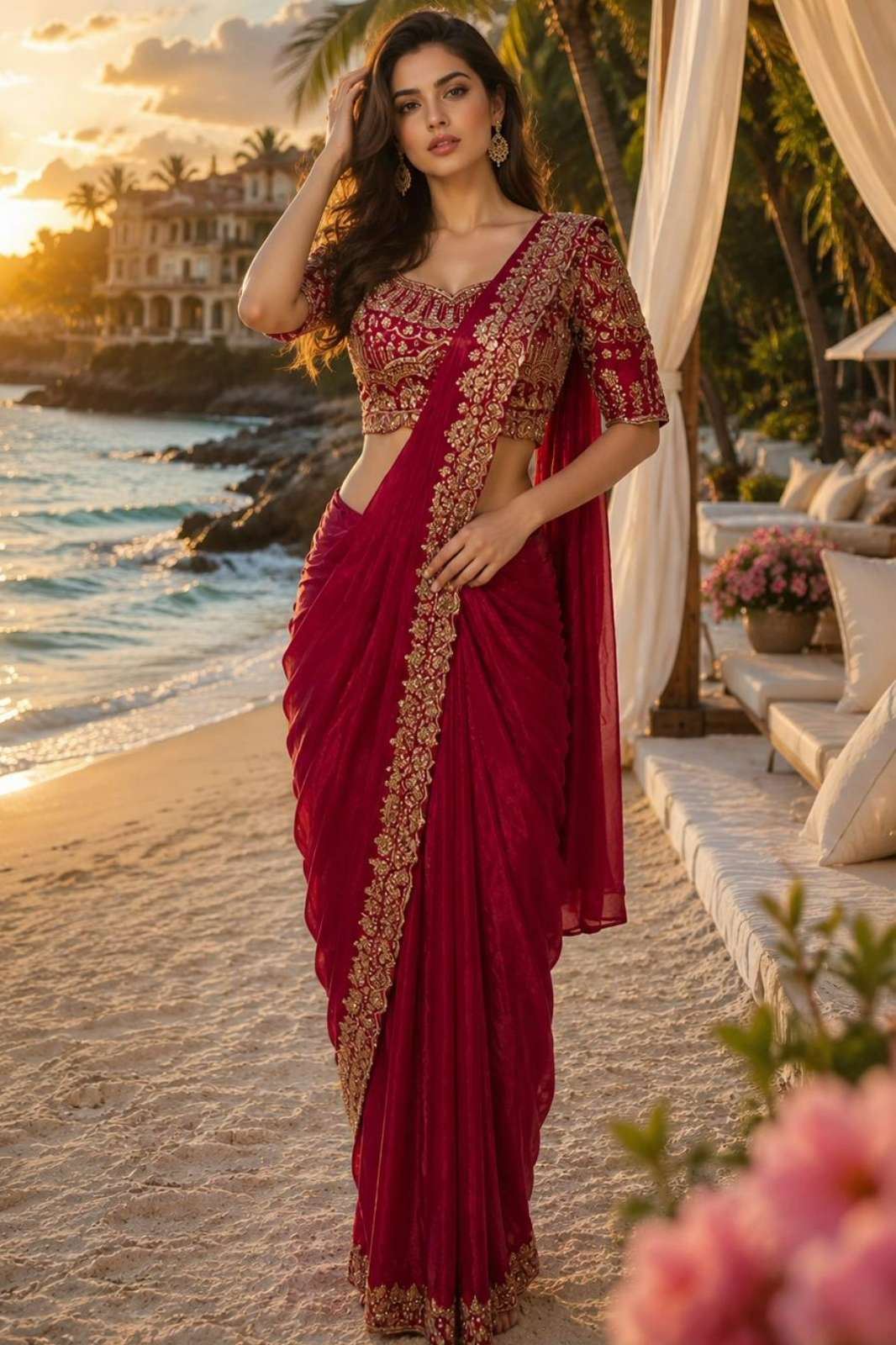Amoha A411 Ready To Wear Saree Fandy Satin Fabric with Beads Work
