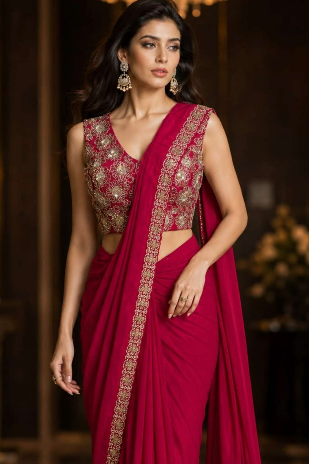 Amoha A494 Ready To Wear Armani Satin Saree with Sequins Work blouse