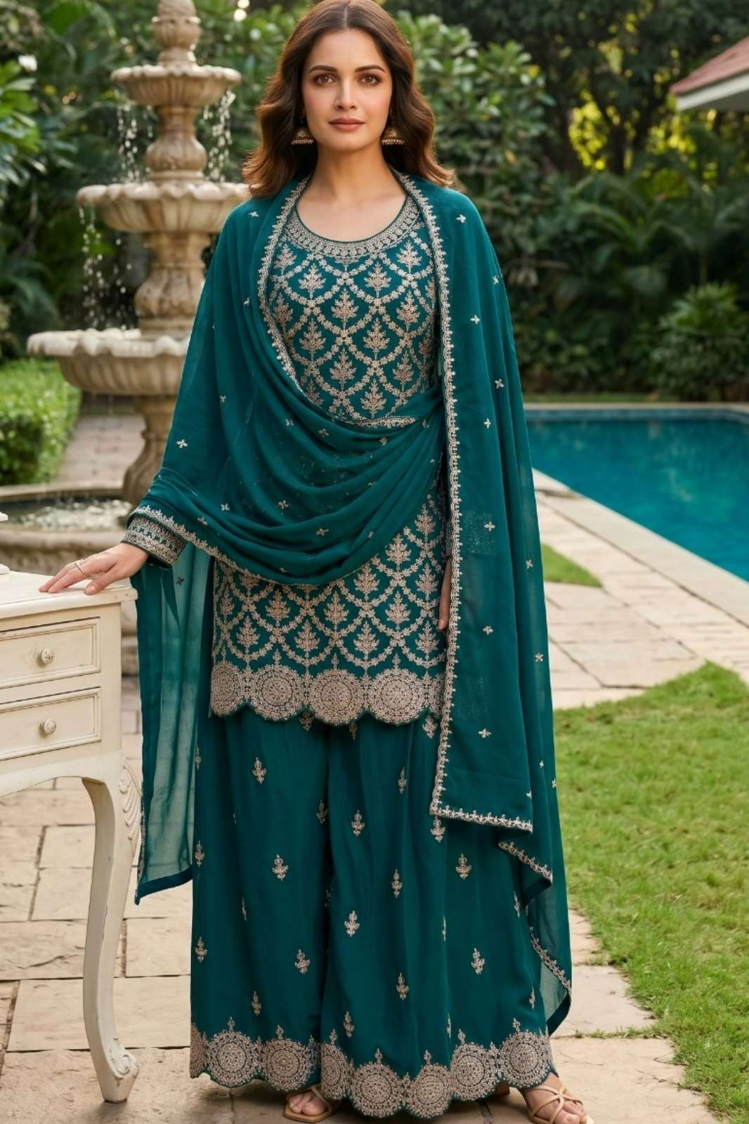AURRAA MEENARA Ready to wear Premium Embroidered Real Chinon Suit