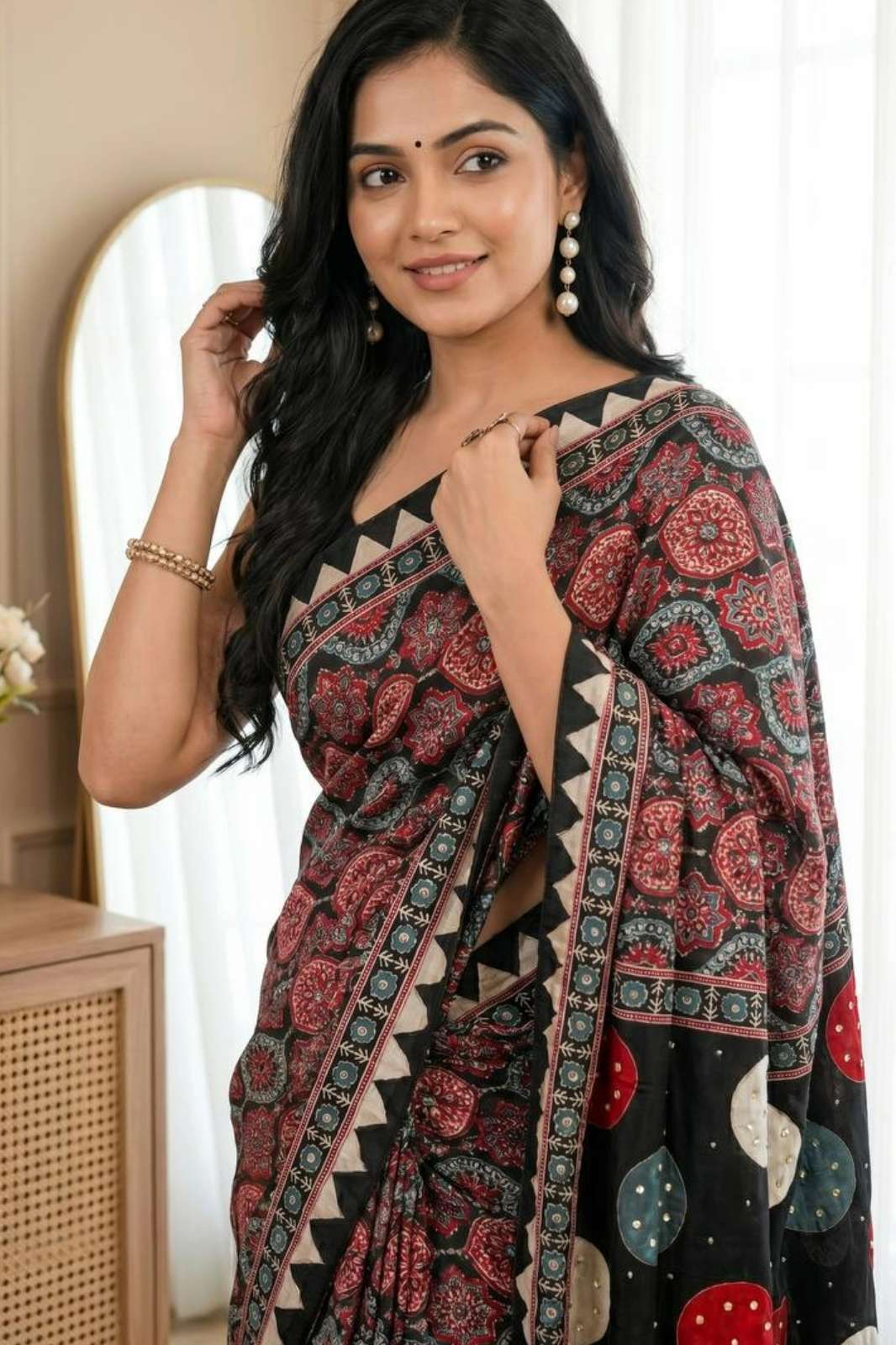 Balaji Emporium 23409 Soft Sartin Ajarakh Print & Mirror Work Saree 