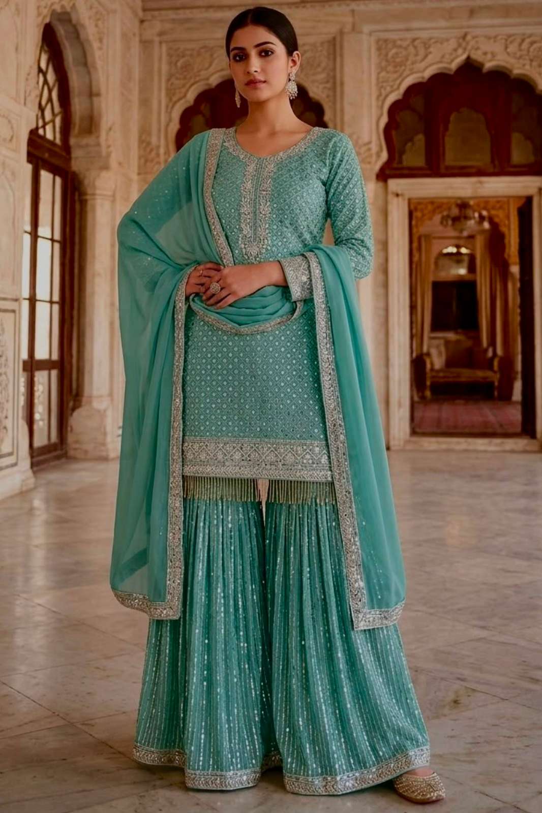 Balaji Emporium HK 23293 Ready to Wear Faux Georgette Embroidery & Sequins Work Sharara Suit