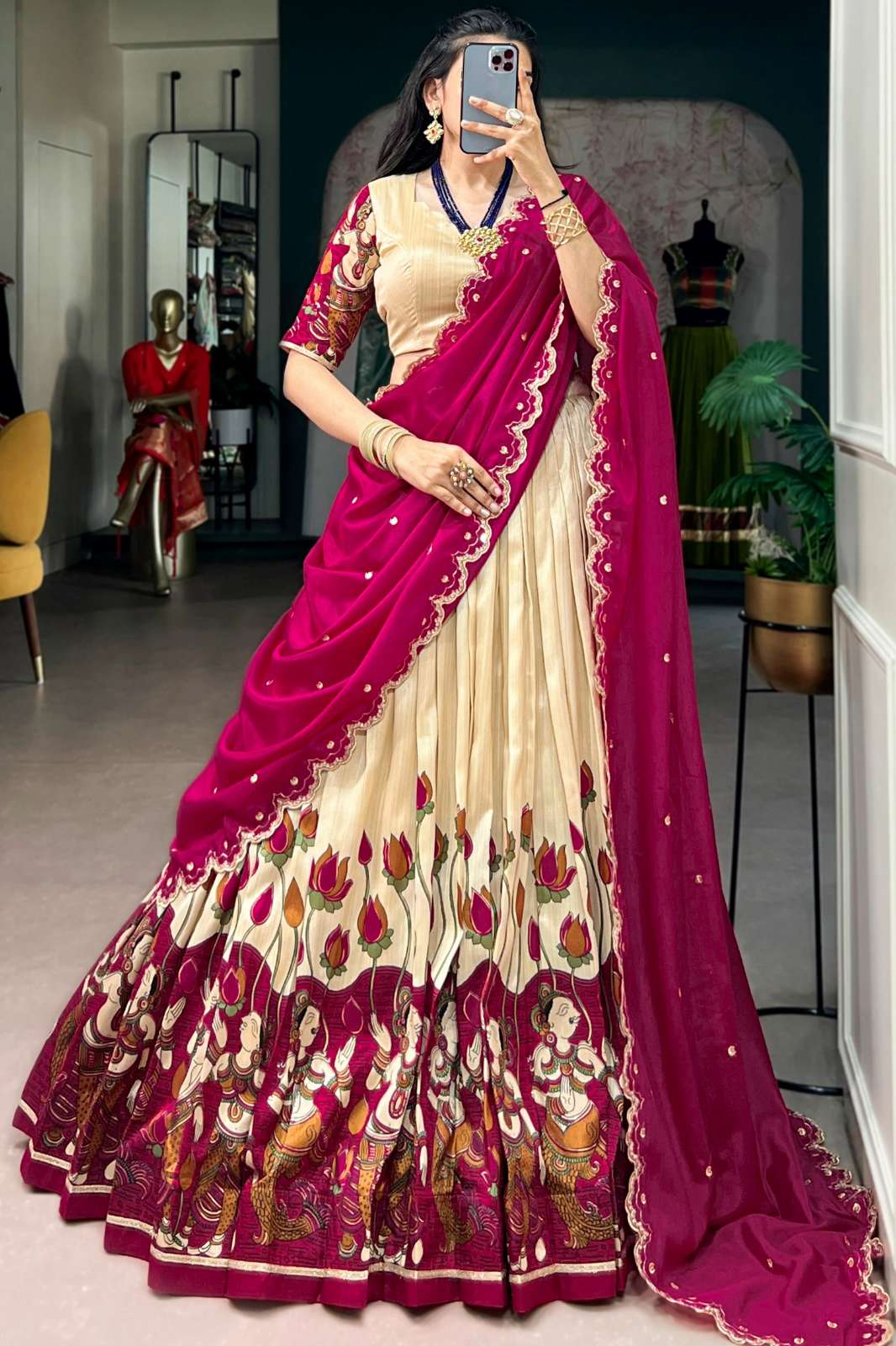 Crazycloths 23436 Ready to Wear Tasar Silk Print & Zari Lace Work Navratri Lehenga Choli
