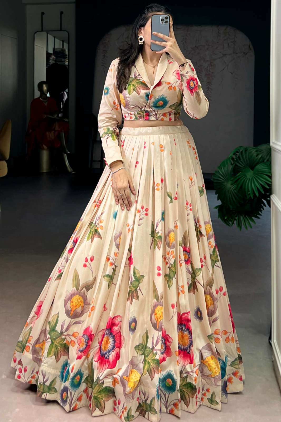 Crazycloths 23566 Ready to Wear Tasar Silk Floral Printed Co ord set Lehenga Choli