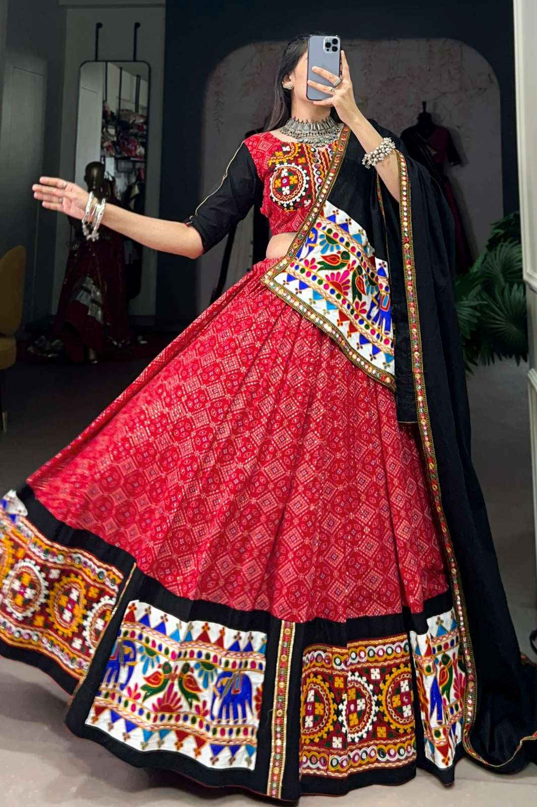 Crazycloths LNB 23394 Ready to Wear Cotton Gamthi work & Mirror work Navratri Lehenga Choli