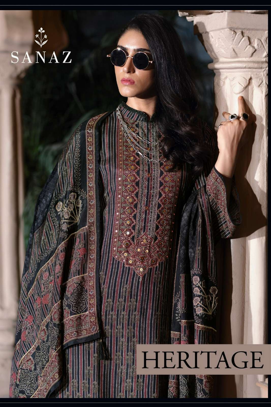 SANAZ HERITAGE VISCOSE MUSLIN DIGITAL PRINT & HANDWORK SUIT 