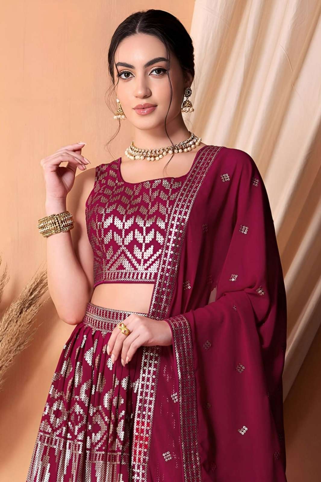 SHRI BALAJI EMPORIUM 15114 Pink Georgette Thread & Sequins Embroidery Work Lehenga 