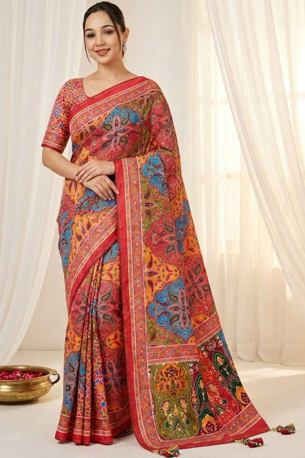 Shri Balaji Emporium 23361 Premium Satin crape ajarakh print & mirror work Saree 