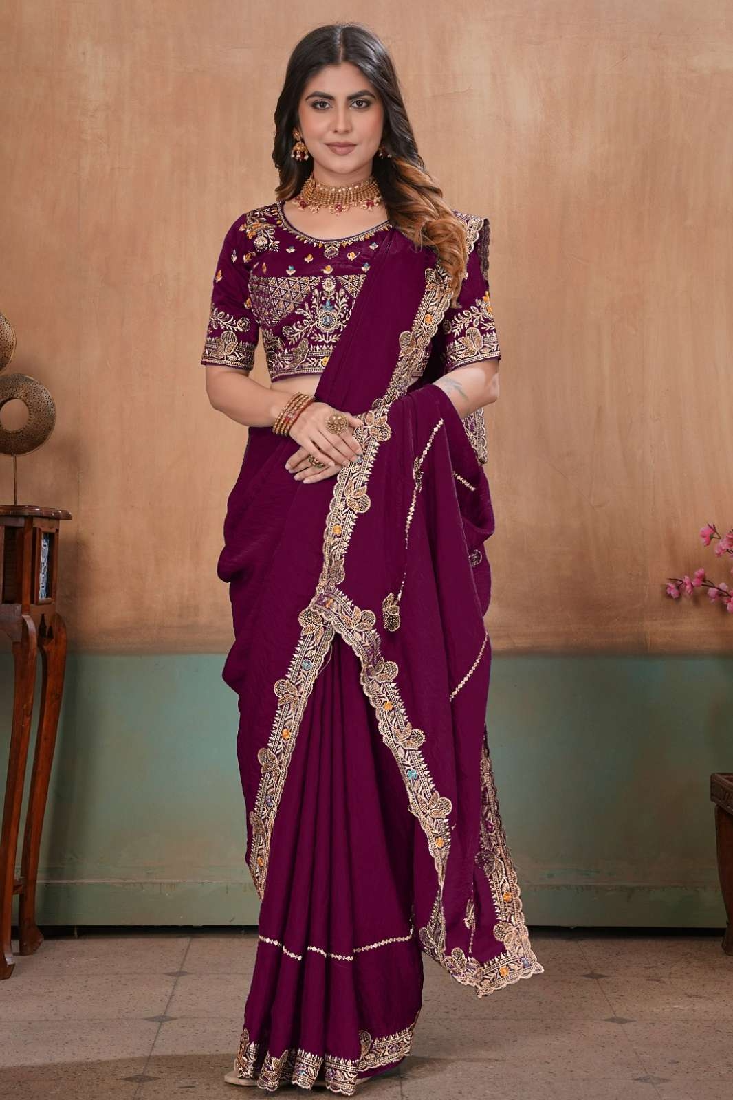 Shri Balaji Emporium 26102 Soft Fandy Satin Embroidery Swarovski Work Partywear Saree