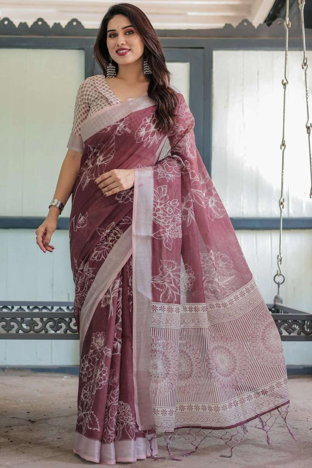 Shri Balaji Emporium KP 23248 Silver Weaving Patta Linen Cotton Digital Printed Saree