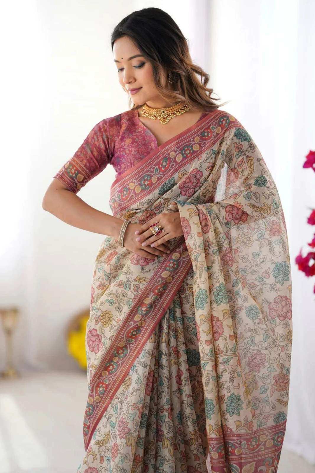 Shri Balaji Emporium KP 23520 Linen Cotton Gold Zari Weaving Saree