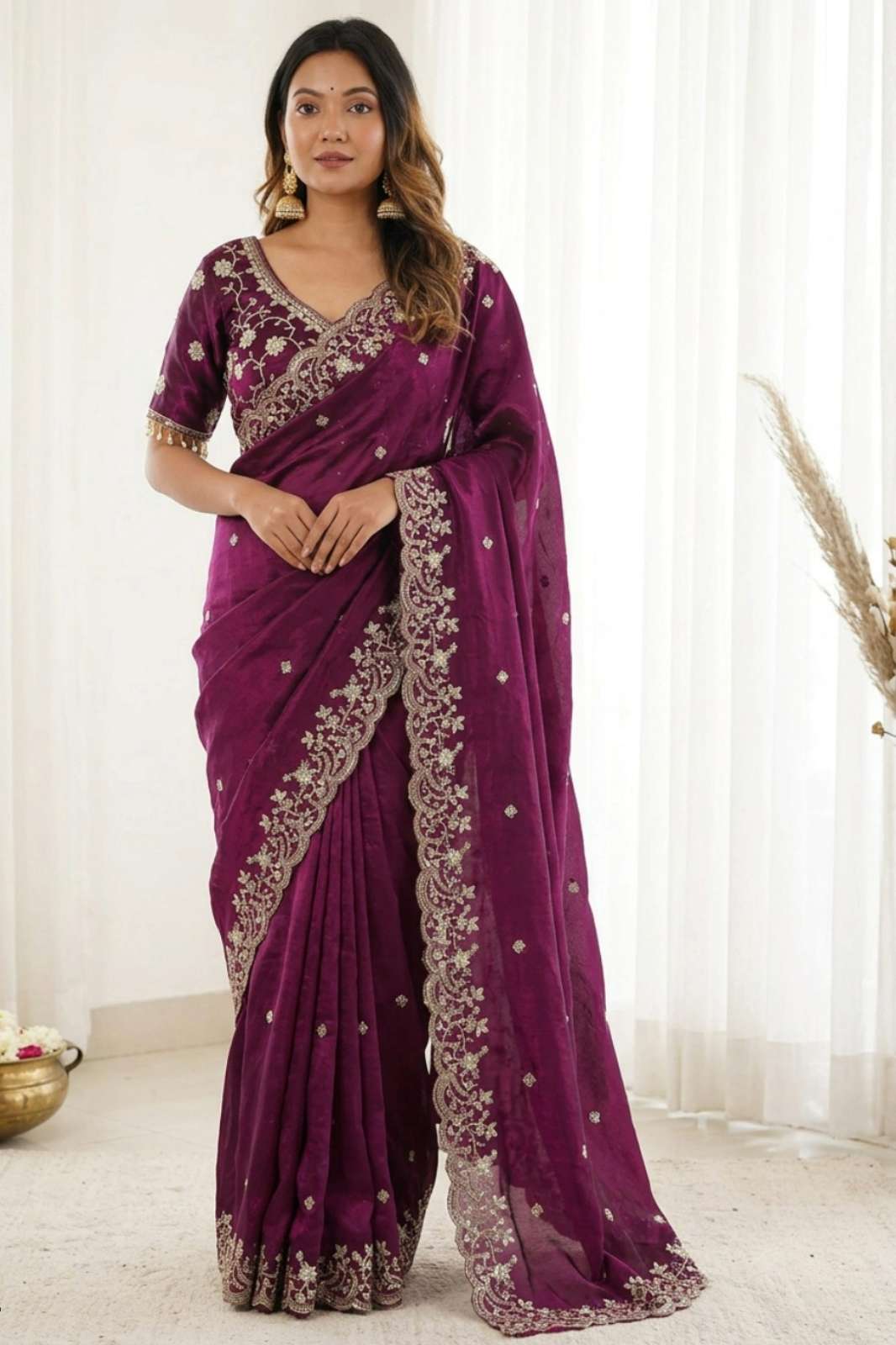 Shri Balaji Emporium PRANAVI Pure Fandy Satin Embroidery Work Partywear Saree