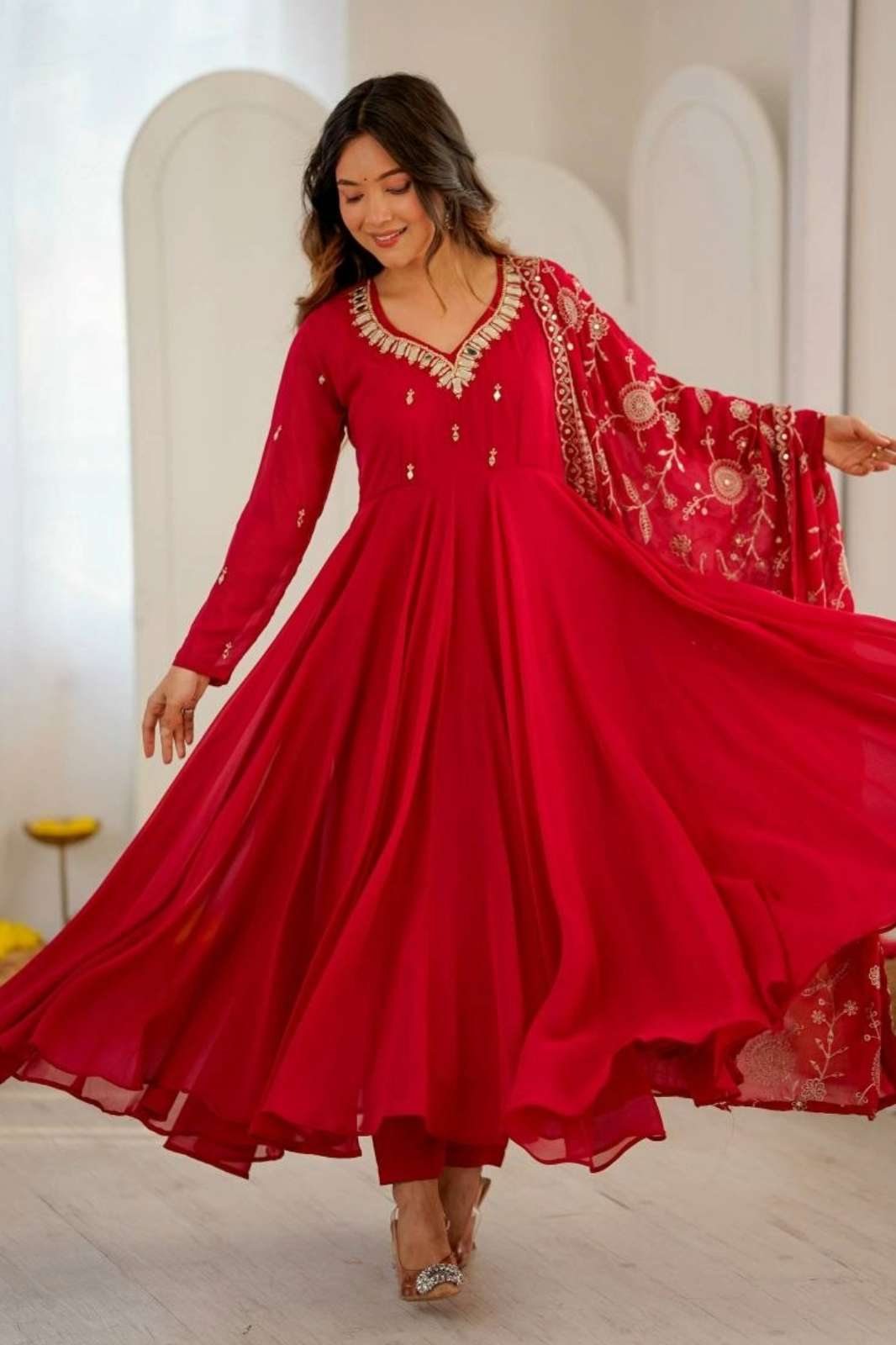 Shri Balaji Emporium Red DV 26195 Ready to Wear Premium Faux Georgette Suit with Mirror Work