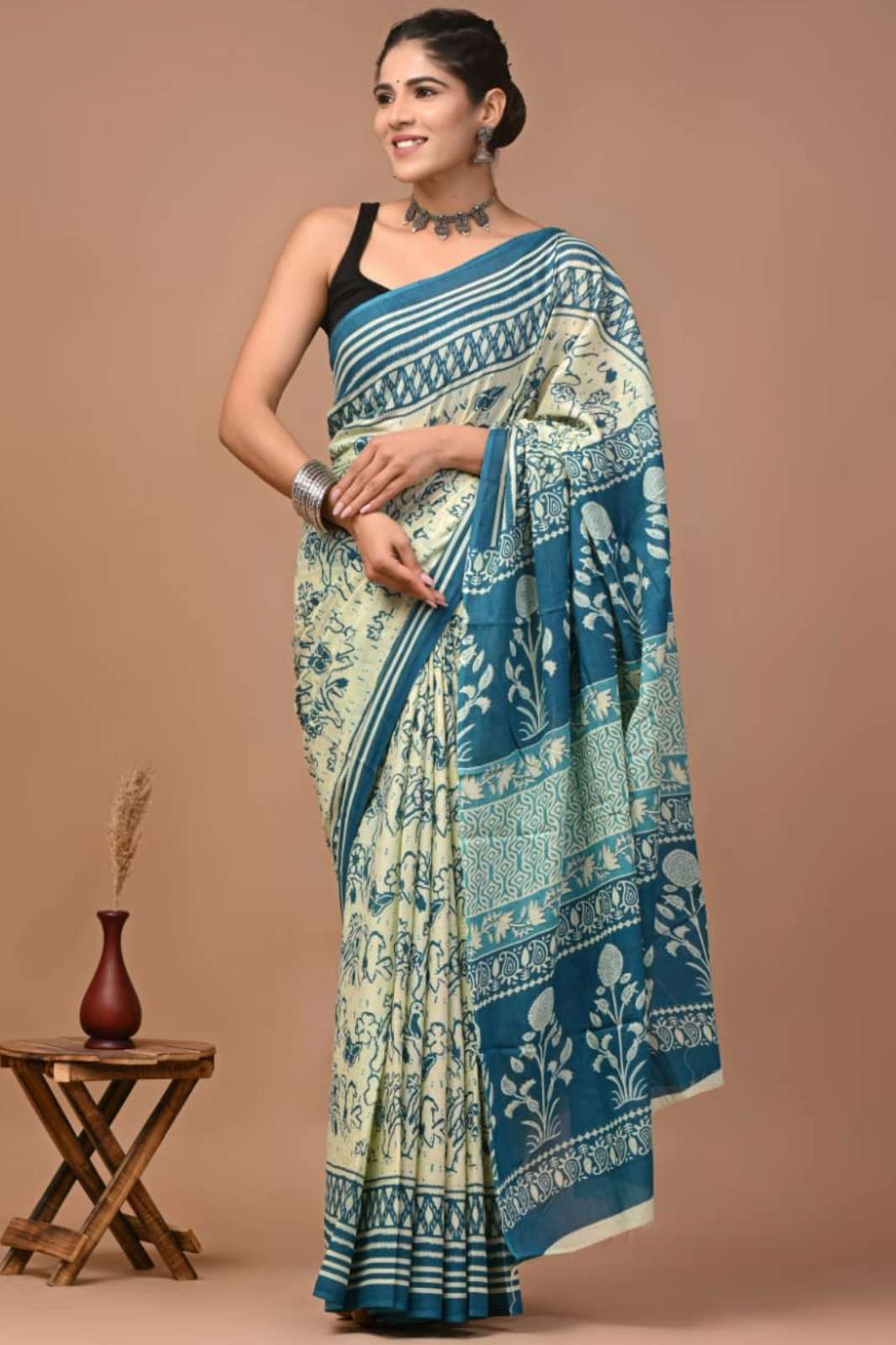 Shri Balaji Emporium RF 23667 Bagru Block Print Cotton Mulmul Sarees