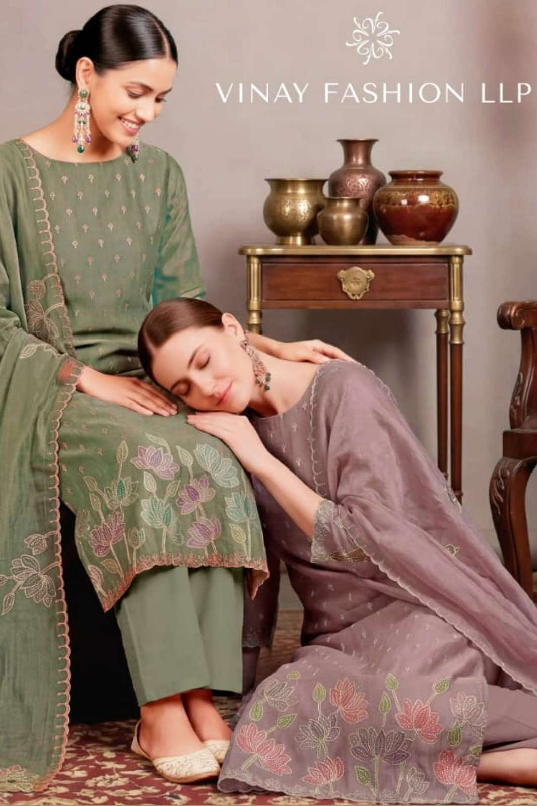 VINAY KULEESH MANILATA PREMIUM SALSA SILK HAND PRINT & ZARKAN WORK SUIT 