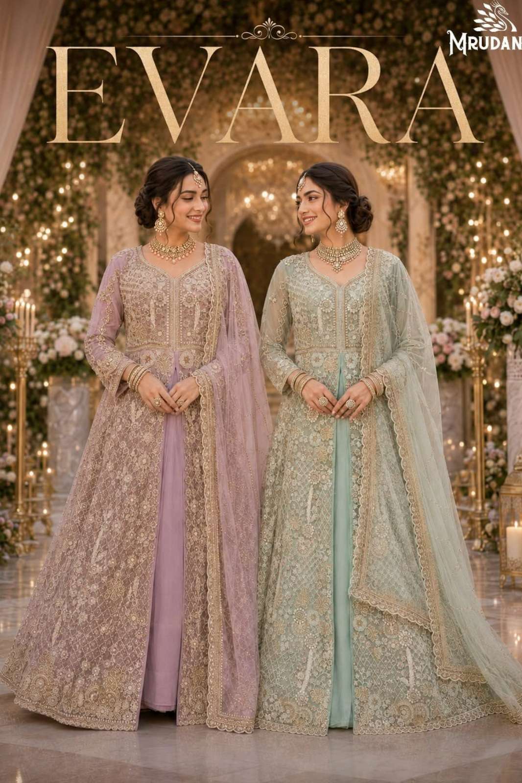 MRUDANGI EVARA INDO WESTERN BEADS ANARKALI NET LEHENGA