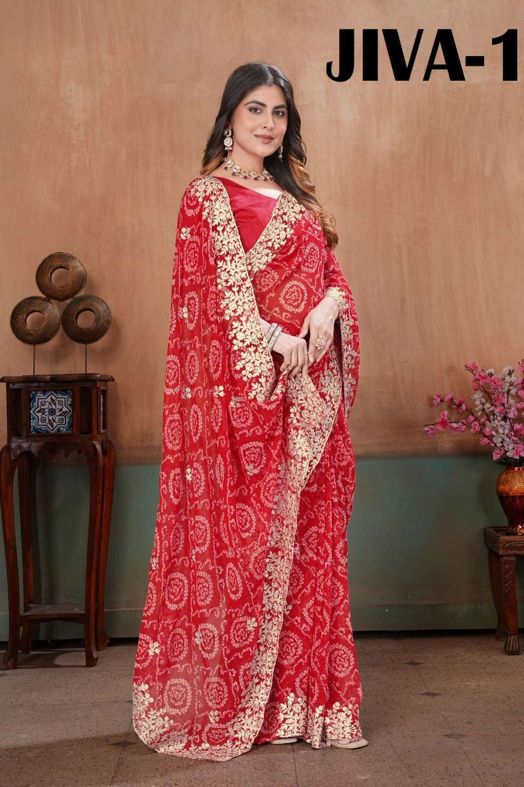 Shri Balaji Emporium JIVA 1 Georgette Beautifull Bandhani Print With Embroidery & Stone Work Saree