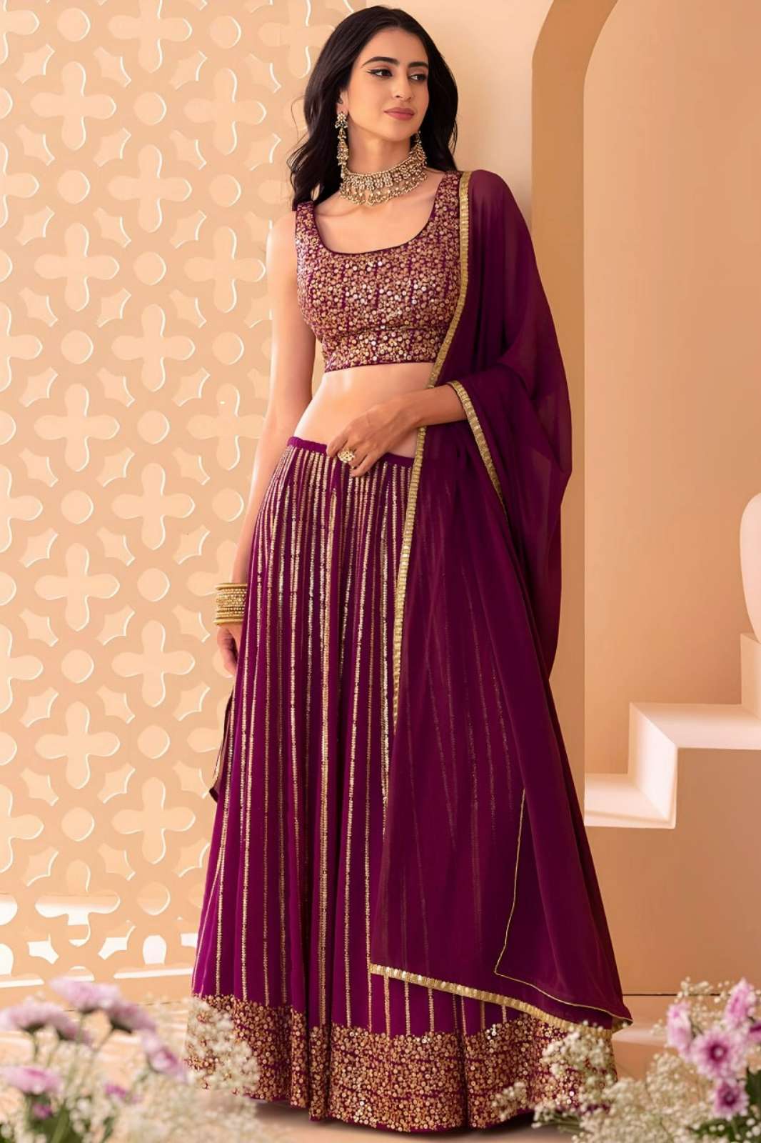 Zeel Presents 15067 Wine Heavy Georgette Zari & Multiple Sequins Embroidery work Wedding lehenga 