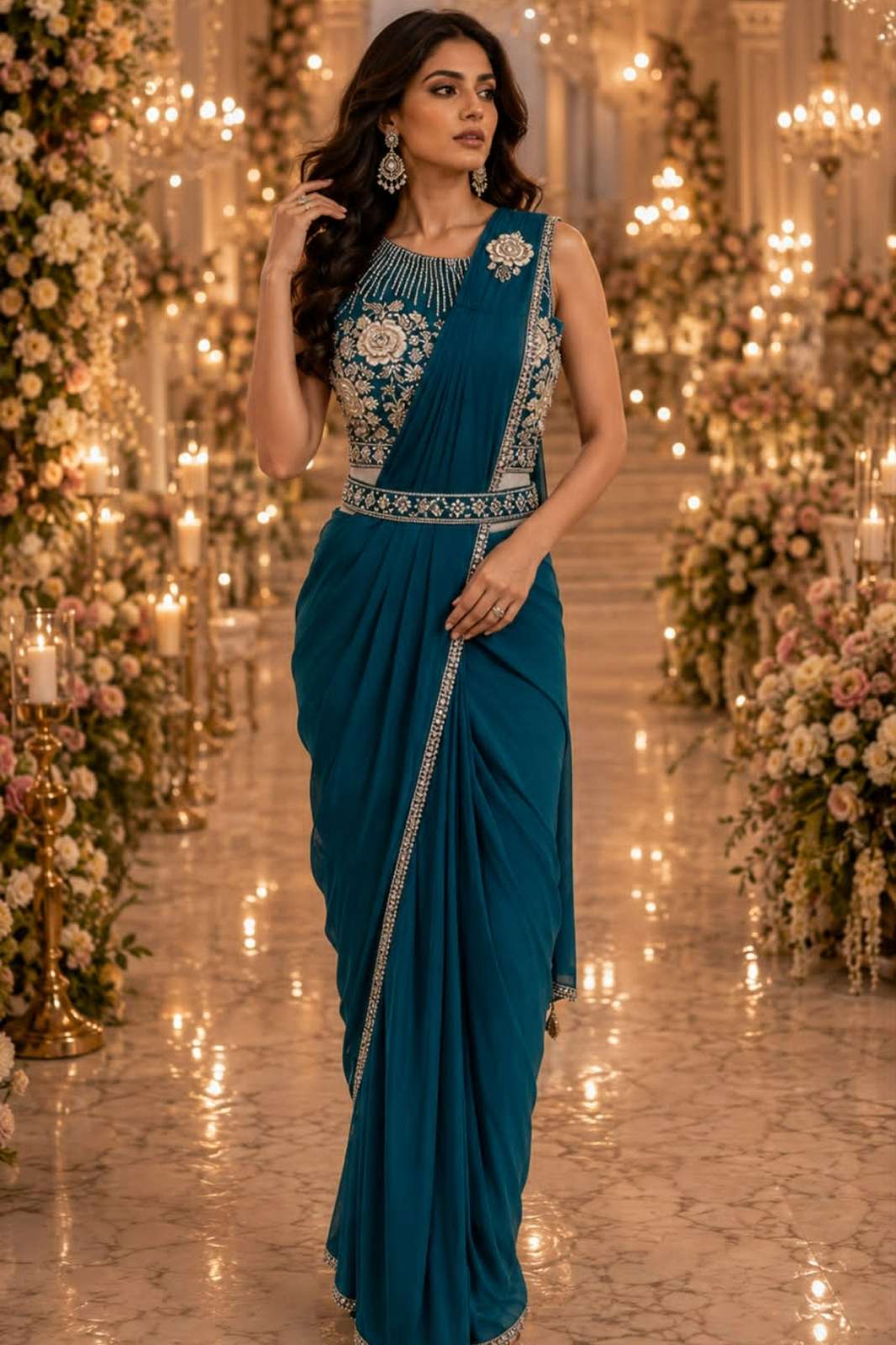 Amoha 102395 Ready To Wear Imported Lycra Saree With Bead Work