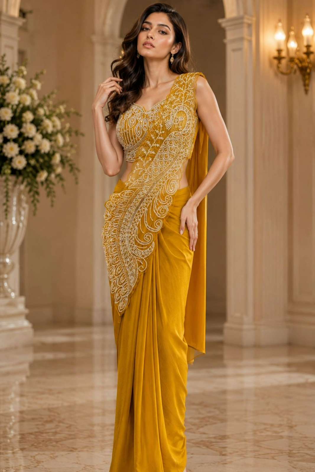 Amoha 102417 Ready To Wear IMPORTED LYCRA Saree With Bead Work