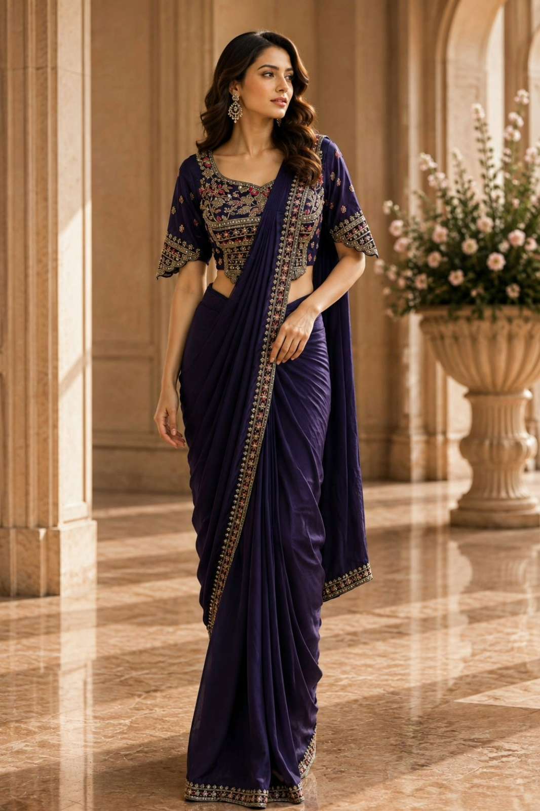 Amoha A551 Ready To Wear ARMANI SATIN Saree With fancy sleeve Work
